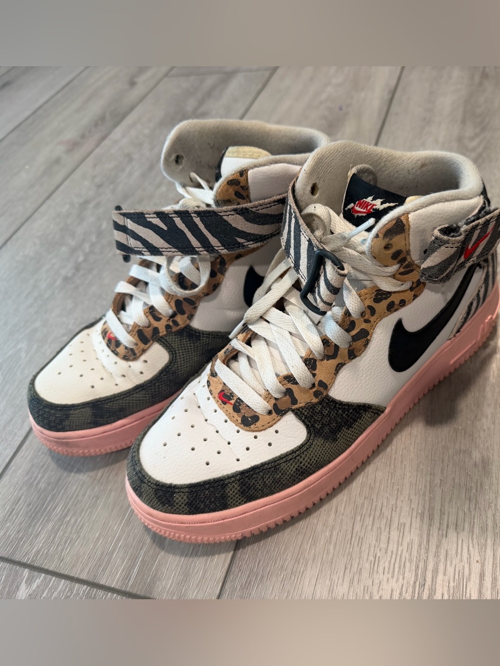 Nike Women's High-Top Sneakers in White, Black & Pink with Animal Print Accents